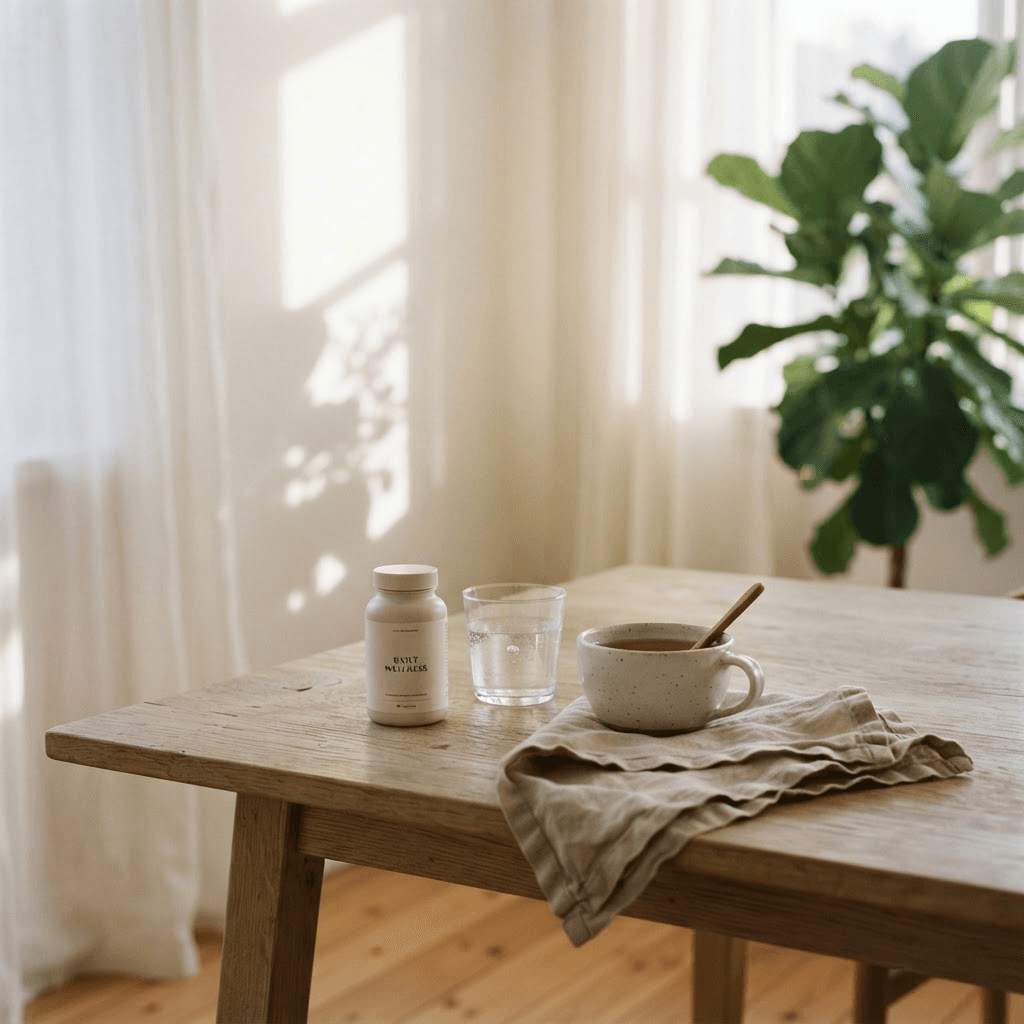 A Vitaself bottle beside a glass of water on an oak table in morning light